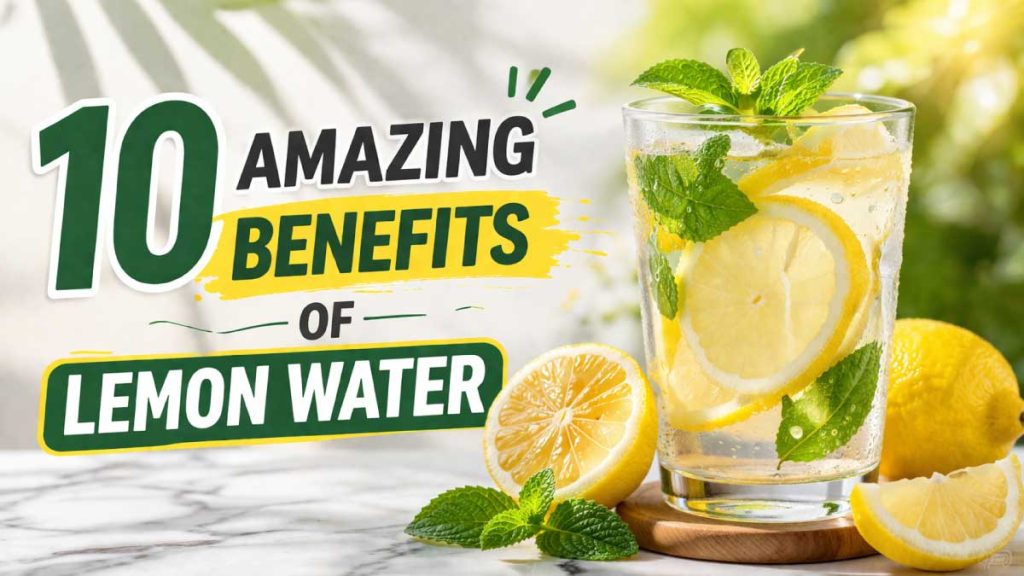 10 amazing benefits of lemon water with fresh lemon slices and mint in glass